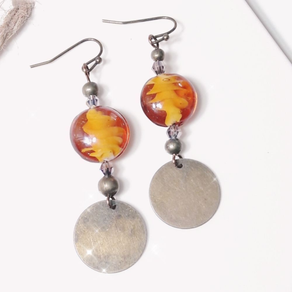 Artisan Earrings 07L# Handmade lampwork glass Caramel boho coin brass dangles